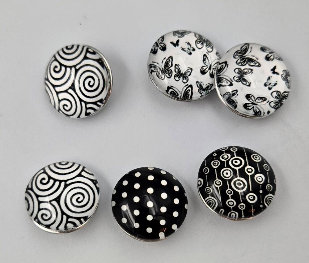 6pc Black & White Glass Snap Button Charms 18mm/20mm for Ginger Snaps Jewelry